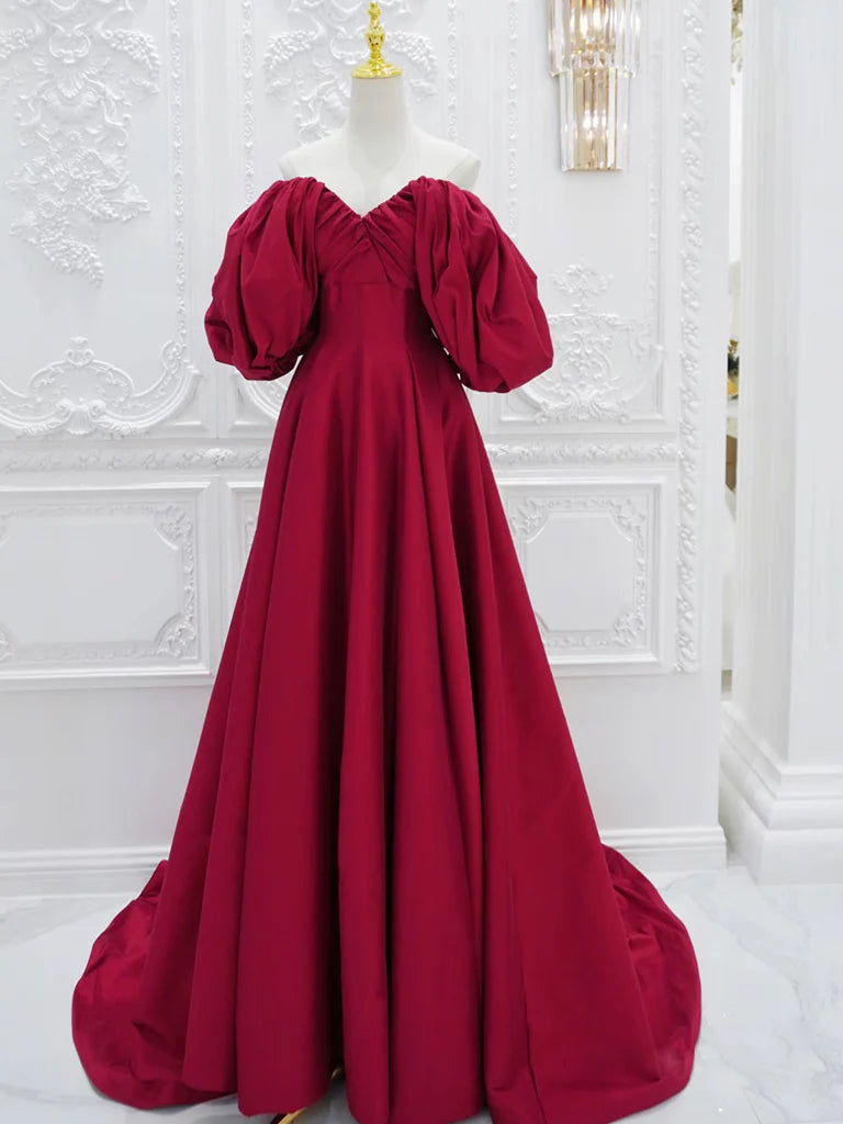 Wholesale Red V Neck Satin Long Prom Dress Red Puff Sleeves Satin Long Formal Dress gowns evening dresses